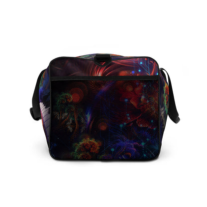 White duffle bag printed with the "Magnus Opum" design, side view showing the mesh side pocket.
