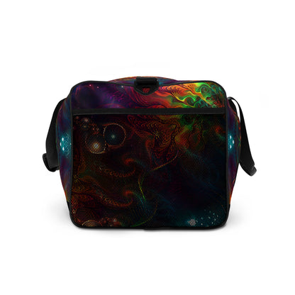 White duffle bag printed with the "Photonic" design, side view showing the mesh side pocket.