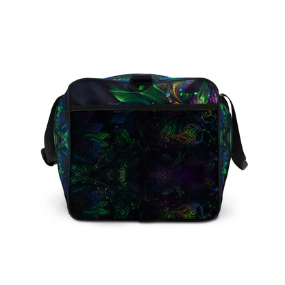 White duffle bag printed with the "Awakened" design, side view showing the mesh side pocket.