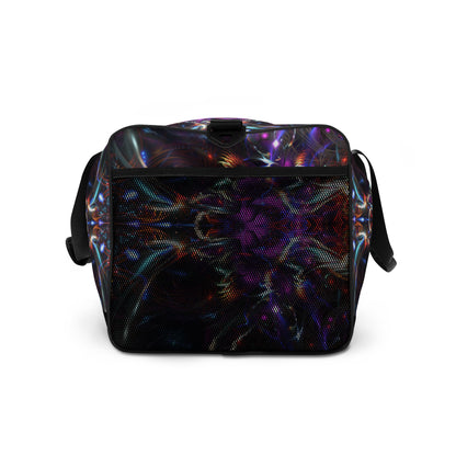 White duffle bag printed with the "Dragon Heart" design, side view showing the mesh side pocket.