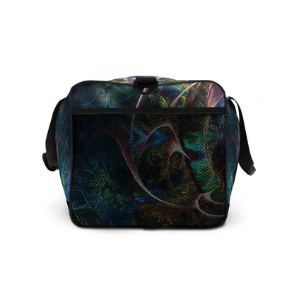 White duffle bag printed with the "Fluer de Vie" design, side view showing the mesh side pocket.