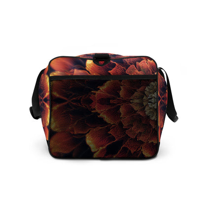 White duffle bag printed with the "Mandala Bloom" design, side view showing the mesh side pocket.
