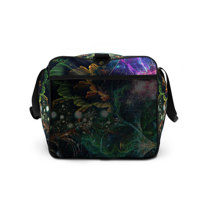 White duffle bag printed with the "Blossom / Nectar" design, side view showing the mesh side pocket.