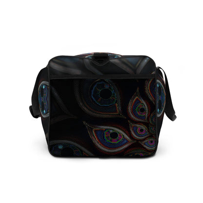 White duffle bag printed with the "The Waiting Room" design, side view showing the mesh side pocket.