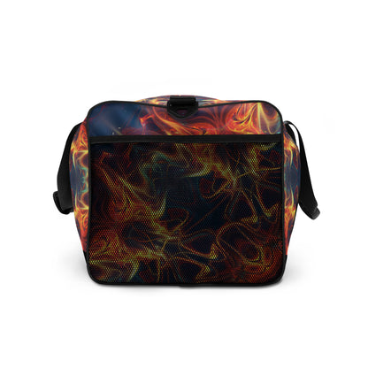 White duffle bag printed with the "Aquatic Rays" design, side view showing the mesh side pocket.