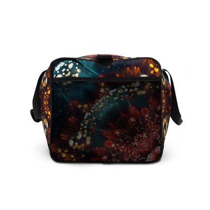 Right side view of the Reaching For Light duffle bag showing the adjustable padded shoulder strap.