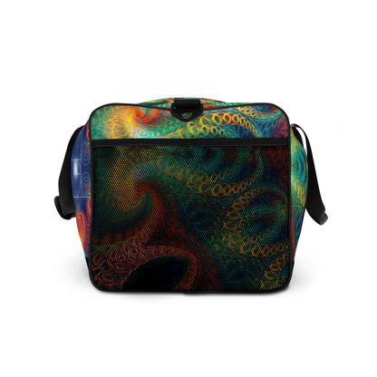 Right side view of the 'Free Your Mind Fibonacci' duffle bag showing its profile and mesh side pocket.
