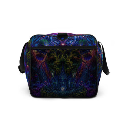 Right side view of the 'Sacred Vine' duffle bag showing its all-over-print psychedelic artwork.