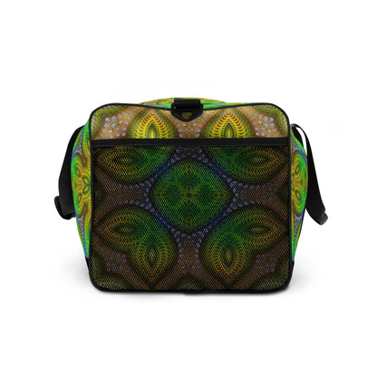 Right side view of the 'Activation Initiated' duffle bag showing its psychedelic print design.