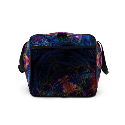 Right side profile of the Sacred Circle duffle bag showing the black interlining edge along the seam.