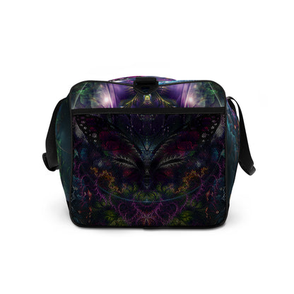 Right side view of the 'Emergence' duffle bag showing its profile and mesh side pocket.