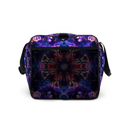 Right side view of the 'Flow State' duffle bag showing its all-over-print psychedelic artwork.