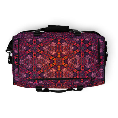 Top view of the 'Forged In Neon' duffle bag showing its psychedelic all-over-print artwork.