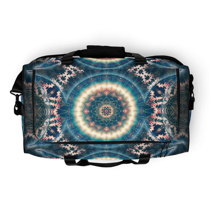 Top view of the Triple Goddess duffle bag showing the main zipper closure.