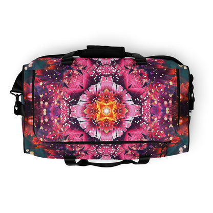 Top view of the Endless Mallow duffle bag showing the zippered main compartment opening.