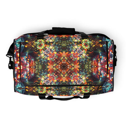 Top-down view of the Kaleidobloom duffle bag showing the main zipper closure across the opening.