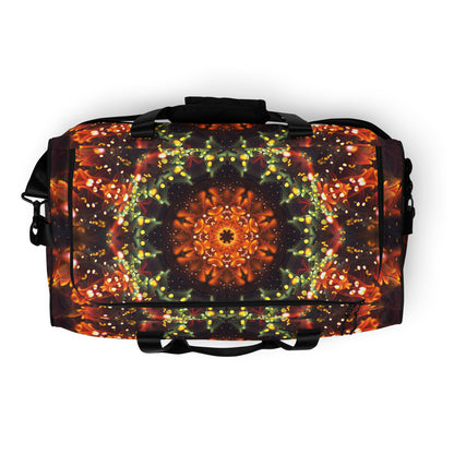 White duffle bag printed with the "Autumn Bloom" design, top view showing the zippered main opening.