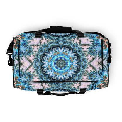 White duffle bag printed with the "Return to Purity" design, top view showing the zippered main opening.