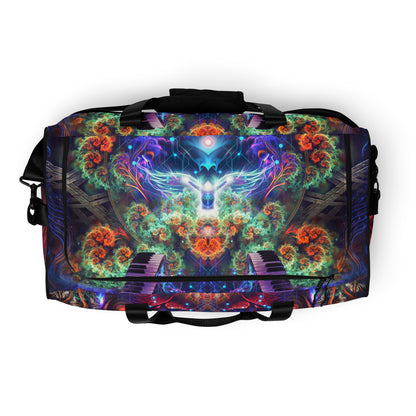 White duffle bag printed with the "Magnus Opum" design, top view showing the zippered main opening.