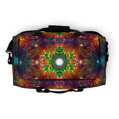 White duffle bag printed with the "Photonic" design, top view showing the zippered main opening.