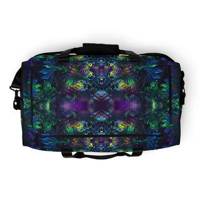 White duffle bag printed with the "Awakened" design, top view showing the zippered main opening.