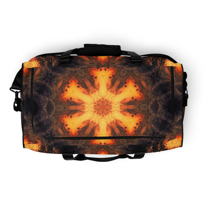 White duffle bag printed with the "Adieu" design, top view showing the zippered main opening.