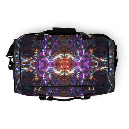 White duffle bag printed with the "Dragon Heart" design, top view showing the zippered main opening.