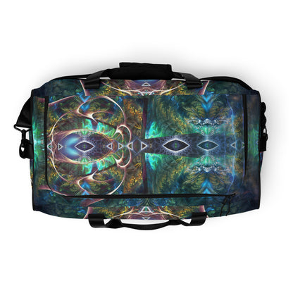 White duffle bag printed with the "Fluer de Vie" design, top view showing the zippered main opening.