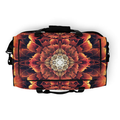 White duffle bag printed with the "Mandala Bloom" design, top view showing the zippered main opening.