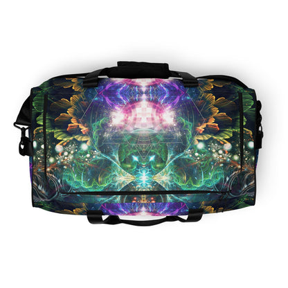 White duffle bag printed with the "Blossom / Nectar" design, top view showing the zippered main opening.