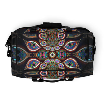 White duffle bag printed with the "The Waiting Room" design, top view showing the zippered main opening.
