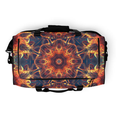 White duffle bag printed with the "Aquatic Rays" design, top view showing the zippered main opening.