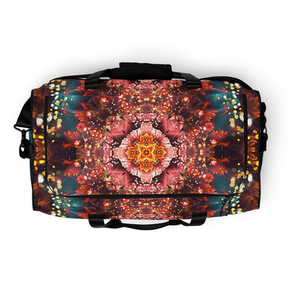 Top view of the Reaching For Light duffle bag showing the zippered main compartment.