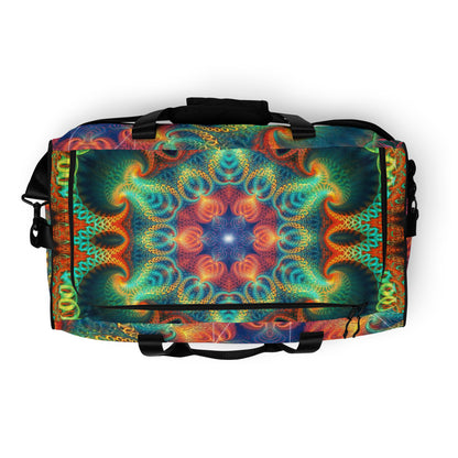 Top-down view of the 'Free Your Mind Fibonacci' duffle bag showing the main zippered opening.