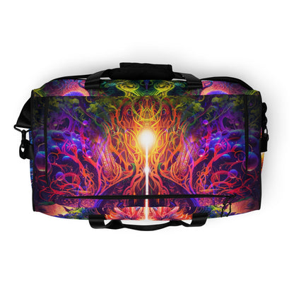 Top-down view of the 'Sacred Vine' duffle bag showing its psychedelic all-over-print artwork.