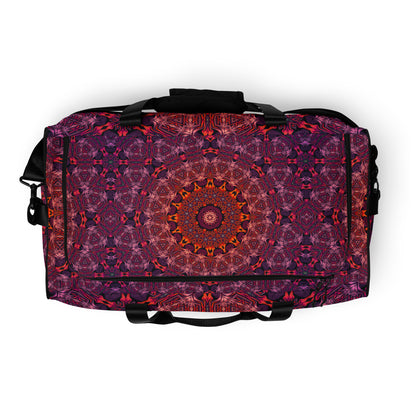 Top-down view of the 'Forged In Neon' duffle bag showing its psychedelic all-over-print artwork.