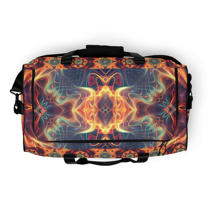 Top view of the 'Aquatic Rays' duffle bag showing its psychedelic all-over-print artwork.