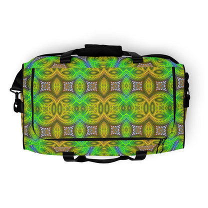 Top view of the 'Activation Initiated' duffle bag showing its psychedelic all-over-print artwork.