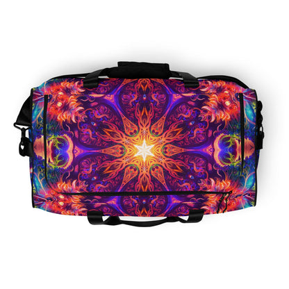 Top view of the Sacred Circle duffle bag showing the main zipper compartment opening.