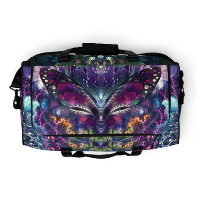 Top-down view of the 'Emergence' duffle bag showing the main zippered opening.