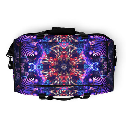 Top-down view of the 'Flow State' duffle bag showing its psychedelic all-over-print artwork.