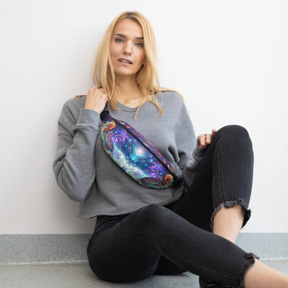 Second front view of the Magnus Opum fanny pack highlighting the cosmic composer print.