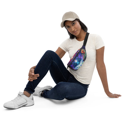 Front view of the Magnus Opum fanny pack showing the zipper and cosmic composer print.