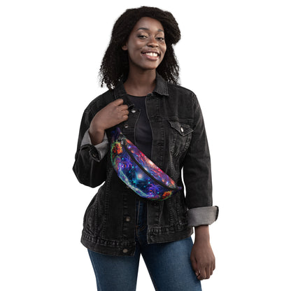 Close-up front view of the Magnus Opum fanny pack fabric and cosmic composer print detail.