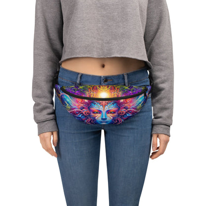 Front view of The Sacred Vine fanny pack showing the ayahuasca-inspired vine print and zip pocket.