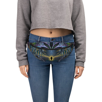 Front view of the Heightened Stroll fanny pack showing the marijuana visionary art print.