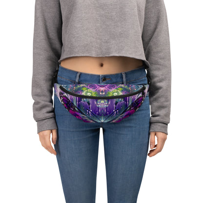 Front view of the Emergence fanny pack showing the fractal butterfly print.
