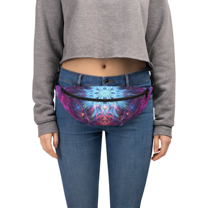 Zoomed view of the angelic fractal print on the fanny pack's front panel.