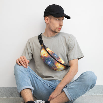 Full front view of the Source fanny pack, flower of life design.