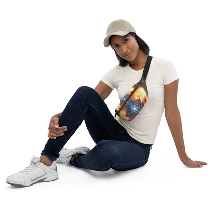 Front view of the Source fanny pack showing the flower of life print.